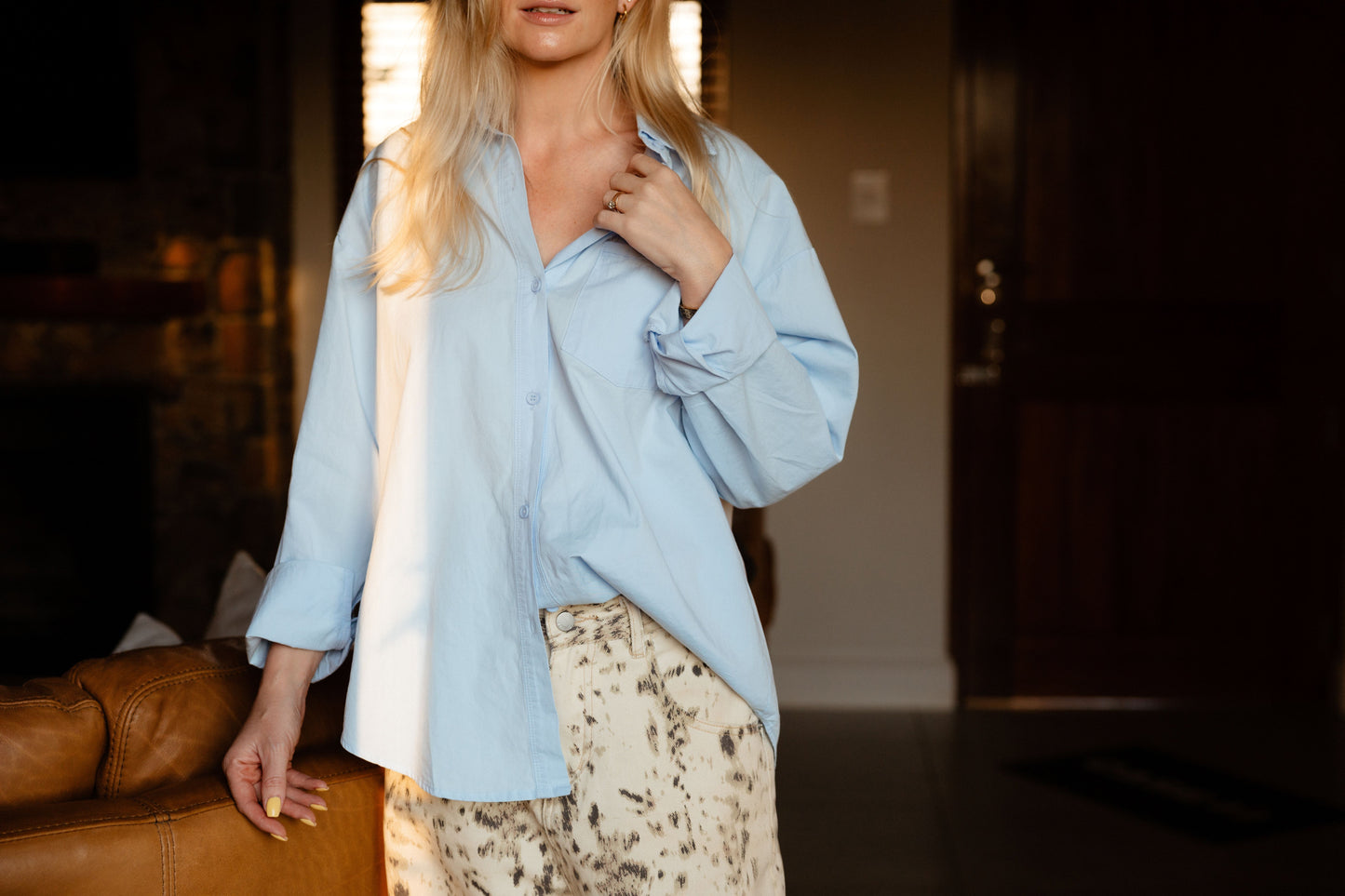 Blue Long Sleeve Button-Up Top